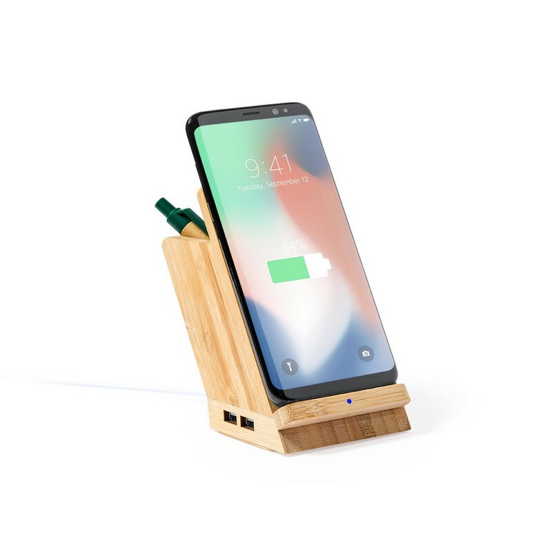 Bambusowa ładowarka bezprzewodowa 5W, 4 porty hub USB 2.0, pojemnik na przybory do pisania, stojak na telefon V0198-18_AAA01