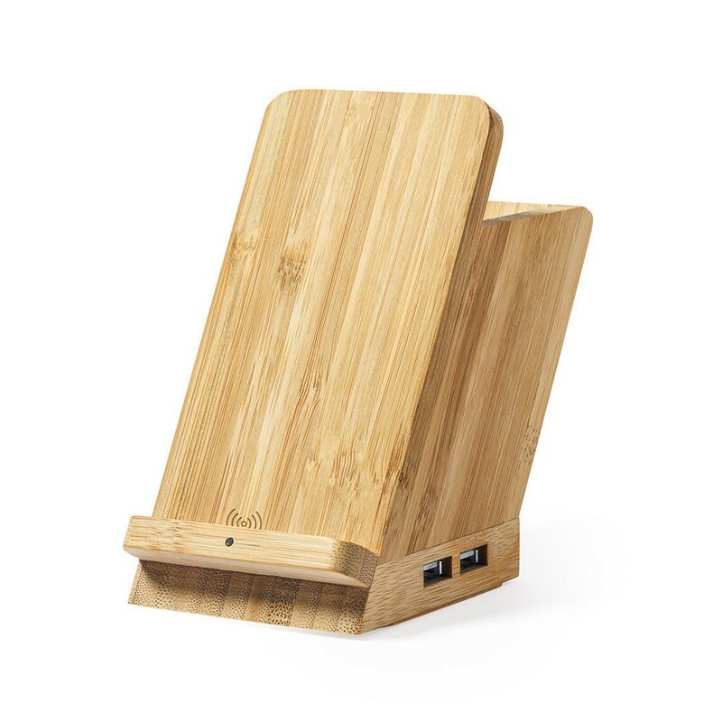 Stojak reklamowy bambusowa ładowarka bezprzewodowa 5w, 4 porty hub usb 2.0, pojemnik na przybory do pisania, stojak na telefon V0198-18_AAA03 Bambusowa ładowarka bezprzewodowa 5W, 4 porty hub USB 2.0, pojemnik na przybory do pisania, stojak na telefon V0198-18_AAA03
