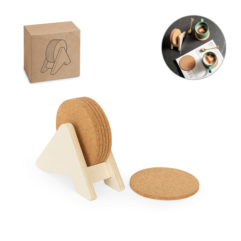 PLYCORK. Stojak ze sklejki z 6 korkowymi podstawkami 94368_set